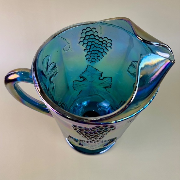 Vintage Indiana Glass Blue Carnival Grape Vine Pitcher | Iridescent Pedestal - Picture 9 of 16